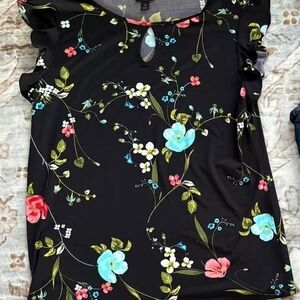 Worthington Black Floral Ruffle Sleeve Top with Blue & Pink Flowers